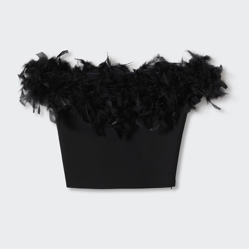 Mango off shoulder crop top with feathers